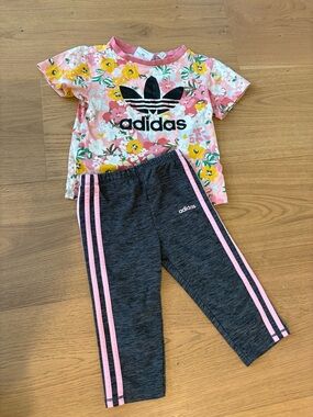 adidas Pink Floral Logo Tee with Charcoal capri Pants